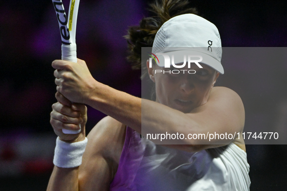 RIYADH, SAUDI ARABIA - NOVEMBER 05: Iga Swiatek of Poland during her match against Coco Gauff of USA, on day 4 of the 2024 WTA Finals, part...