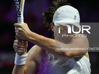 RIYADH, SAUDI ARABIA - NOVEMBER 05: Iga Swiatek of Poland during her match against Coco Gauff of USA, on day 4 of the 2024 WTA Finals, part...