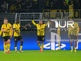 Donyell Malen of Borussia Dortmund  celebrates the teams first goal during the Champions League Round 4 match between Borussia Dortmund v SK...