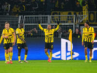 Donyell Malen of Borussia Dortmund  celebrates the teams first goal during the Champions League Round 4 match between Borussia Dortmund v SK...