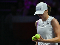 RIYADH, SAUDI ARABIA - NOVEMBER 05: Iga Swiatek of Poland during her match against Coco Gauff of USA, on day 4 of the 2024 WTA Finals, part...