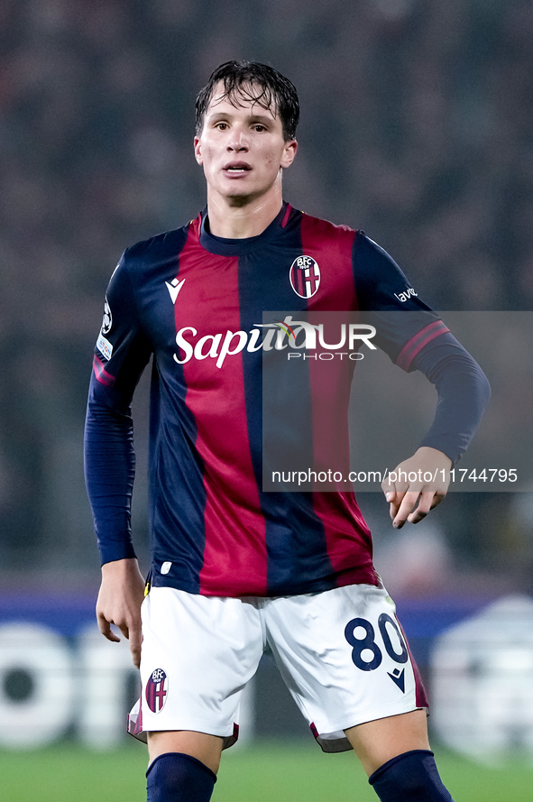 Giovanni Fabbian of Bologna FC looks on during the UEFA Champions League 2024/25 League Phase MD4 match between Bologna FC and AS Monaco at...