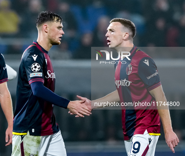 Lewis Ferguson of Bologna FC and Sam Beukema of Bologna FC during the UEFA Champions League 2024/25 League Phase MD4 match between Bologna F...