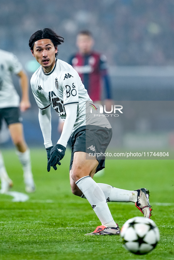 Takumi Minamino of AS Monaco during the UEFA Champions League 2024/25 League Phase MD4 match between Bologna FC and AS Monaco at Stadio Rena...