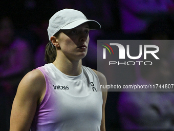 RIYADH, SAUDI ARABIA - NOVEMBER 05: Iga Swiatek of Poland during her match against Coco Gauff of USA, on day 4 of the 2024 WTA Finals, part...