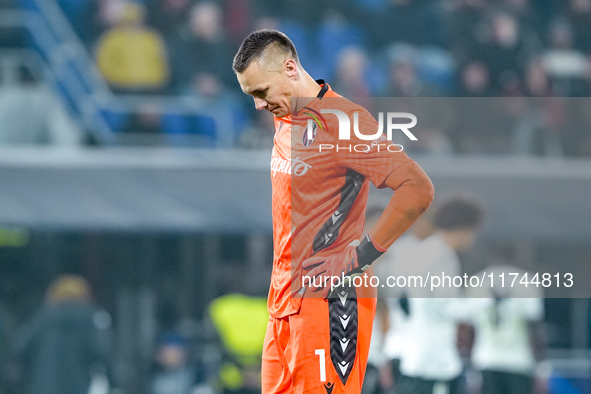 Lukasz Skorupski of Bologna FC looks dejected after Thilo Kehrer of AS Monaco scored first goal during the UEFA Champions League 2024/25 Lea...