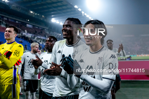 Breel Embolo of AS Monaco and Takumi Minamino celebrate the victory during the UEFA Champions League 2024/25 League Phase MD4 match between...