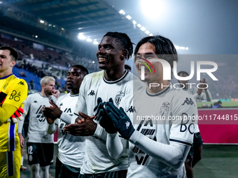 Breel Embolo of AS Monaco and Takumi Minamino celebrate the victory during the UEFA Champions League 2024/25 League Phase MD4 match between...