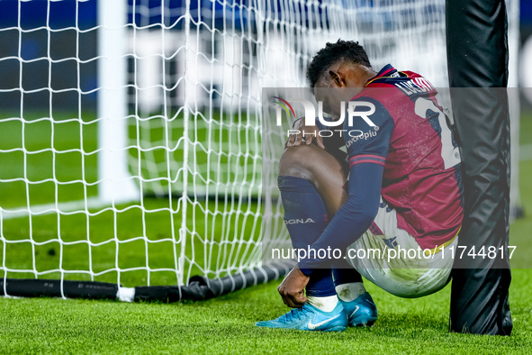 Jhon Lucumi of Bologna FC looks dejected at the end of the UEFA Champions League 2024/25 League Phase MD4 match between Bologna FC and AS Mo...