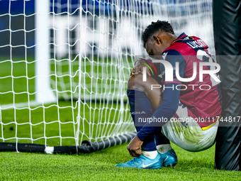 Jhon Lucumi of Bologna FC looks dejected at the end of the UEFA Champions League 2024/25 League Phase MD4 match between Bologna FC and AS Mo...