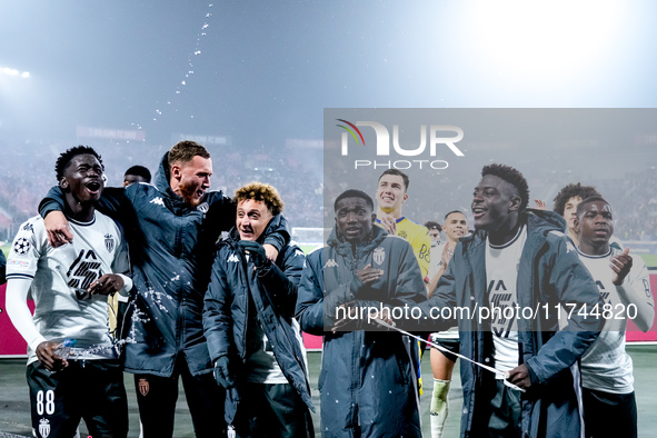 Players of Monaco celebrate the victory during the UEFA Champions League 2024/25 League Phase MD4 match between Bologna FC and AS Monaco at...