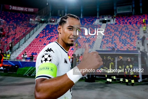 Thilo Kehrer of AS Monaco celebrates the victory during the UEFA Champions League 2024/25 League Phase MD4 match between Bologna FC and AS M...