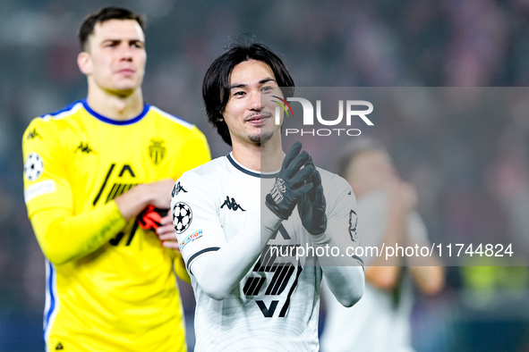 Takumi Minamino of AS Monaco greets the fans during the UEFA Champions League 2024/25 League Phase MD4 match between Bologna FC and AS Monac...