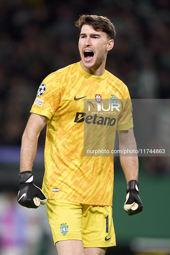 Franco Israel of Sporting CP celebrates after Maxi Araujo (not in frame) scores their side's second goal during the UEFA Champions League ma...