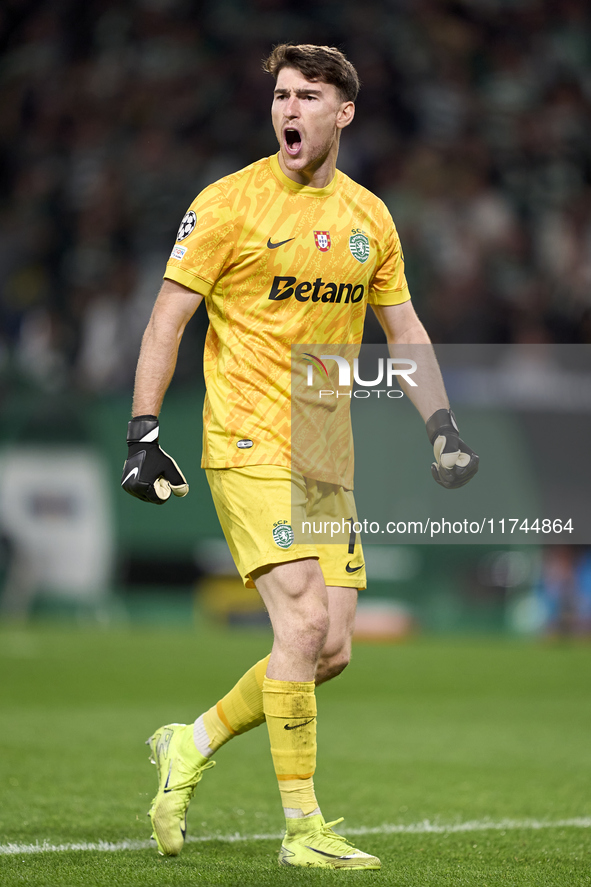 Franco Israel of Sporting CP celebrates after Maxi Araujo (not in frame) scores their side's second goal during the UEFA Champions League ma...