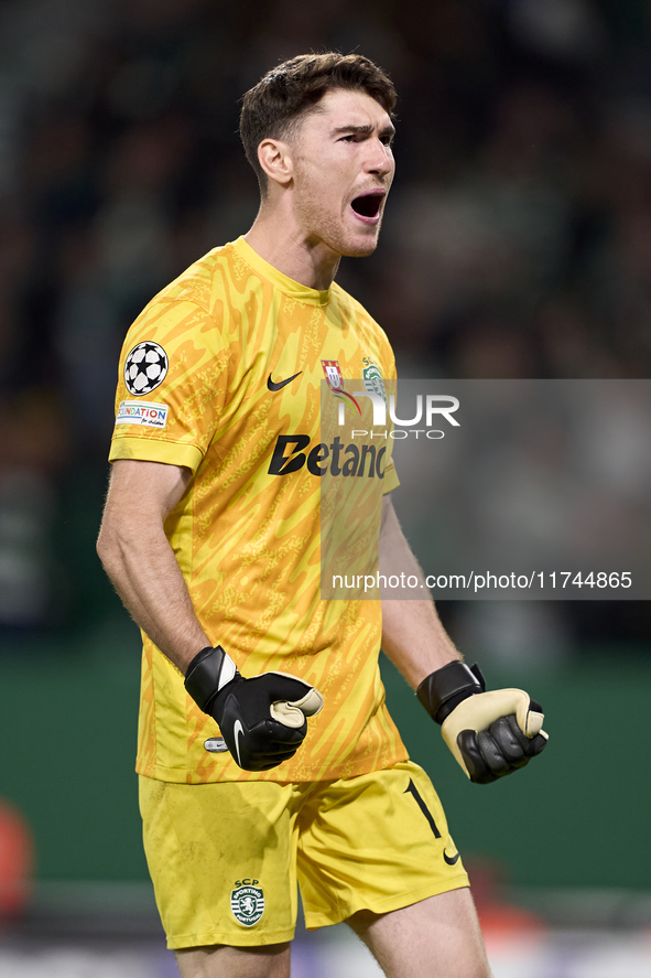 Franco Israel of Sporting CP celebrates after Maxi Araujo (not in frame) scores their side's second goal during the UEFA Champions League ma...