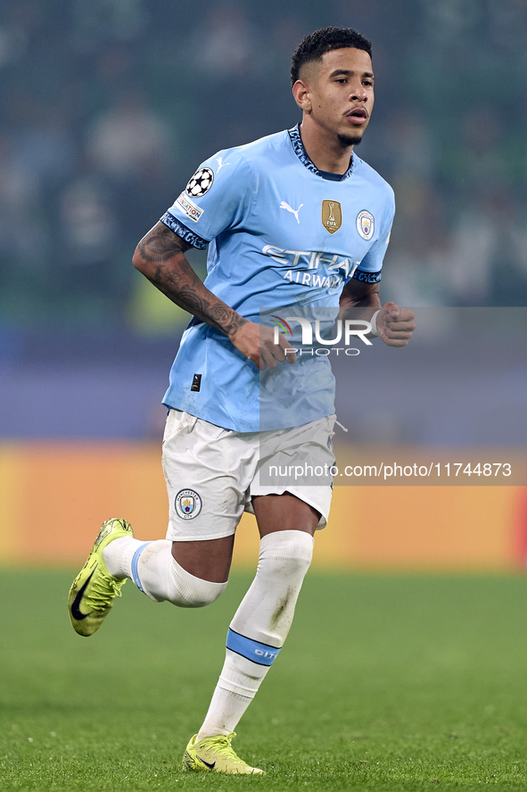 Savinho of Manchester City is in action during the UEFA Champions League match between Sporting CP and Manchester City at Jose Alvalade Stad...