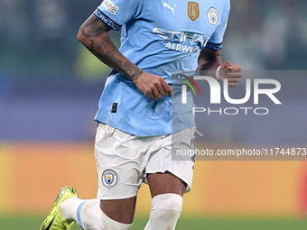 Savinho of Manchester City is in action during the UEFA Champions League match between Sporting CP and Manchester City at Jose Alvalade Stad...