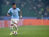 Savinho of Manchester City is in action during the UEFA Champions League match between Sporting CP and Manchester City at Jose Alvalade Stad...