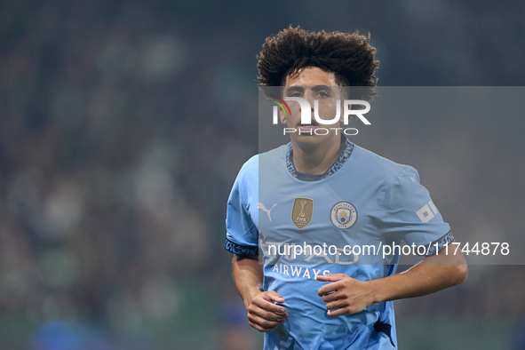 Rico Lewis of Manchester City looks on during the UEFA Champions League match between Sporting CP and Manchester City at Jose Alvalade Stadi...