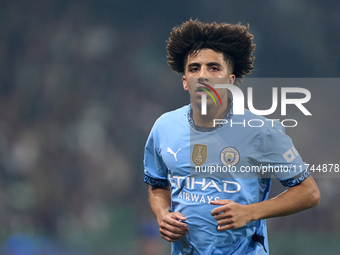 Rico Lewis of Manchester City looks on during the UEFA Champions League match between Sporting CP and Manchester City at Jose Alvalade Stadi...