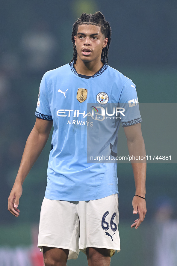 Jahmai Simpson-Pusey of Manchester City looks on during the UEFA Champions League match between Sporting CP and Manchester City at Jose Alva...