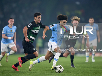 Pedro Goncalves of Sporting CP competes for the ball with Rico Lewis of Manchester City during the UEFA Champions League match between Sport...