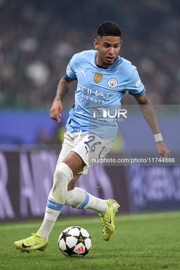 Savinho of Manchester City is in action during the UEFA Champions League match between Sporting CP and Manchester City at Jose Alvalade Stad...