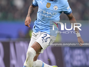 Savinho of Manchester City is in action during the UEFA Champions League match between Sporting CP and Manchester City at Jose Alvalade Stad...