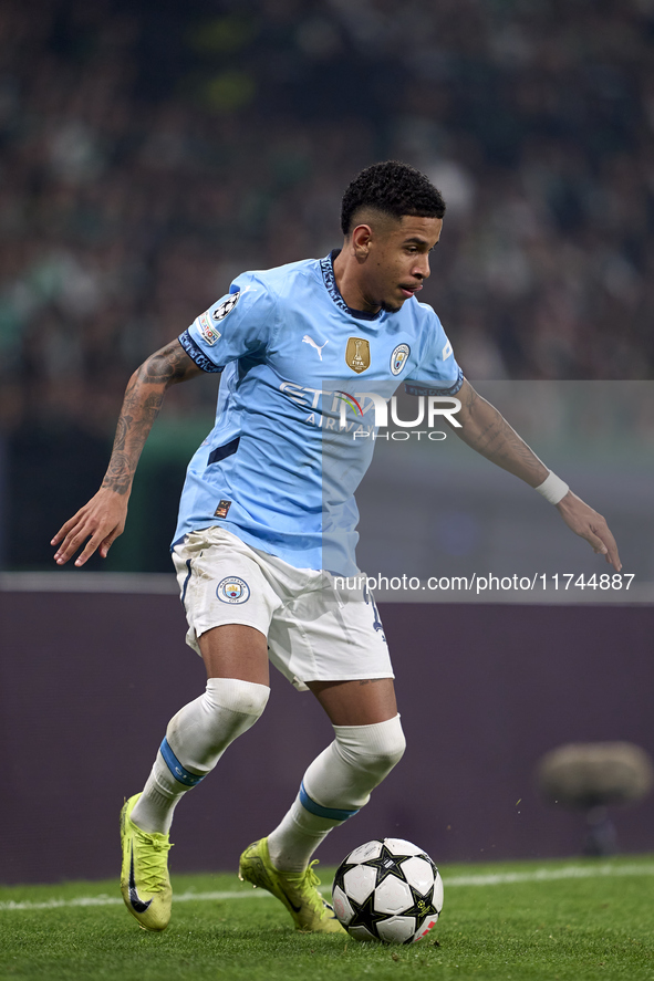 Savinho of Manchester City is in action during the UEFA Champions League match between Sporting CP and Manchester City at Jose Alvalade Stad...