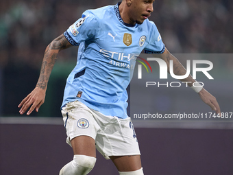 Savinho of Manchester City is in action during the UEFA Champions League match between Sporting CP and Manchester City at Jose Alvalade Stad...