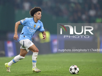 Rico Lewis of Manchester City is in action during the UEFA Champions League match between Sporting CP and Manchester City at Jose Alvalade S...