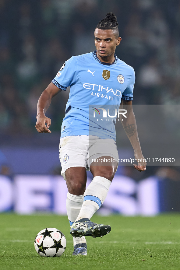 Manuel Akanji of Manchester City is in action during the UEFA Champions League match between Sporting CP and Manchester City at Jose Alvalad...