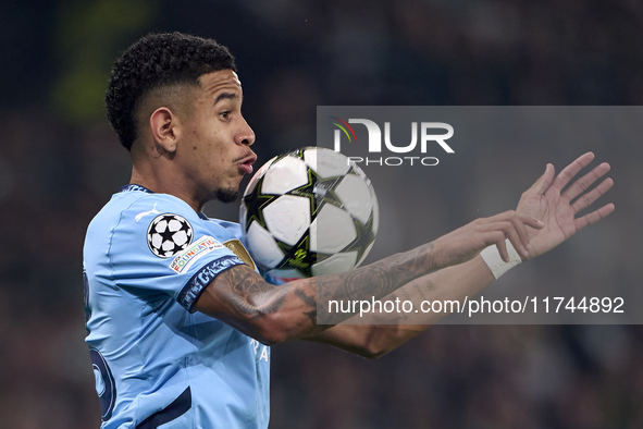 Savinho of Manchester City controls the ball during the UEFA Champions League match between Sporting CP and Manchester City at Jose Alvalade...