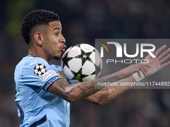 Savinho of Manchester City controls the ball during the UEFA Champions League match between Sporting CP and Manchester City at Jose Alvalade...