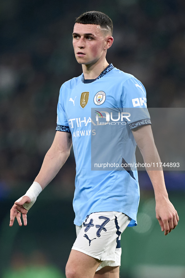 Phil Foden of Manchester City reacts during the UEFA Champions League match between Sporting CP and Manchester City at Jose Alvalade Stadium...