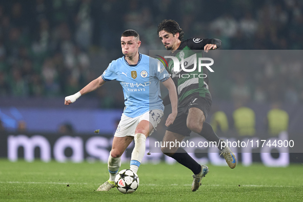 Francisco Trincao of Sporting CP competes for the ball with Phil Foden of Manchester City during the UEFA Champions League match between Spo...