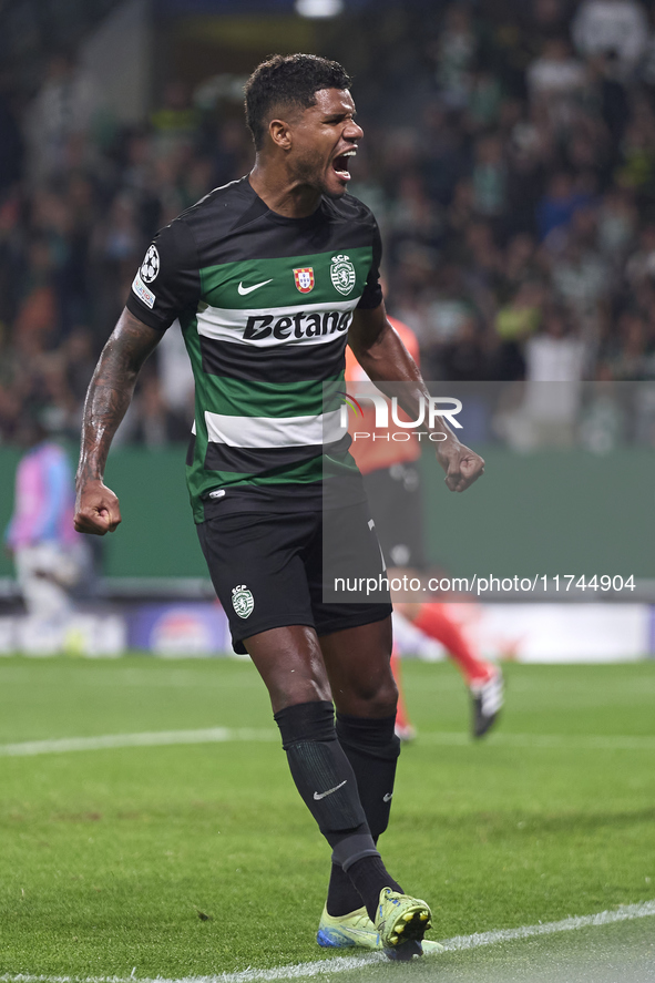 Matheus Reis of Sporting CP reacts during the UEFA Champions League match between Sporting CP and Manchester City at Jose Alvalade Stadium i...