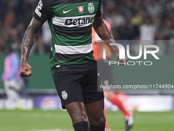 Matheus Reis of Sporting CP reacts during the UEFA Champions League match between Sporting CP and Manchester City at Jose Alvalade Stadium i...