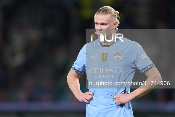 Erling Haaland of Manchester City reacts during the UEFA Champions League match between Sporting CP and Manchester City at Jose Alvalade Sta...