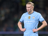 Erling Haaland of Manchester City reacts during the UEFA Champions League match between Sporting CP and Manchester City at Jose Alvalade Sta...