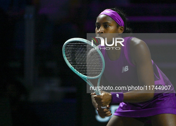 RIYADH, SAUDI ARABIA - NOVEMBER 05: Coco Gauff of USA during her match against Iga Swiatek of Poland, on day 4 of the 2024 WTA Finals, part...