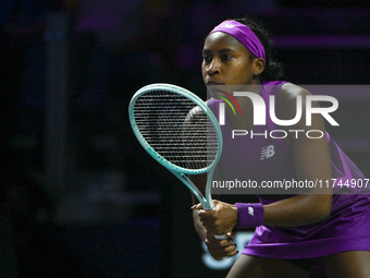 RIYADH, SAUDI ARABIA - NOVEMBER 05: Coco Gauff of USA during her match against Iga Swiatek of Poland, on day 4 of the 2024 WTA Finals, part...