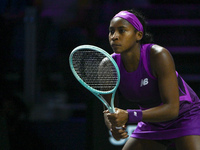 RIYADH, SAUDI ARABIA - NOVEMBER 05: Coco Gauff of USA during her match against Iga Swiatek of Poland, on day 4 of the 2024 WTA Finals, part...