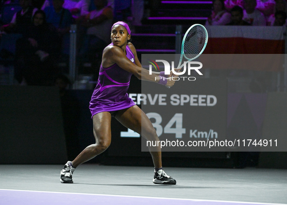 RIYADH, SAUDI ARABIA - NOVEMBER 05: Coco Gauff of USA during her match against Iga Swiatek of Poland, on day 4 of the 2024 WTA Finals, part...