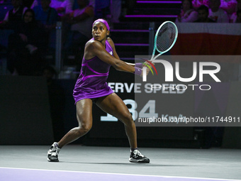 RIYADH, SAUDI ARABIA - NOVEMBER 05: Coco Gauff of USA during her match against Iga Swiatek of Poland, on day 4 of the 2024 WTA Finals, part...