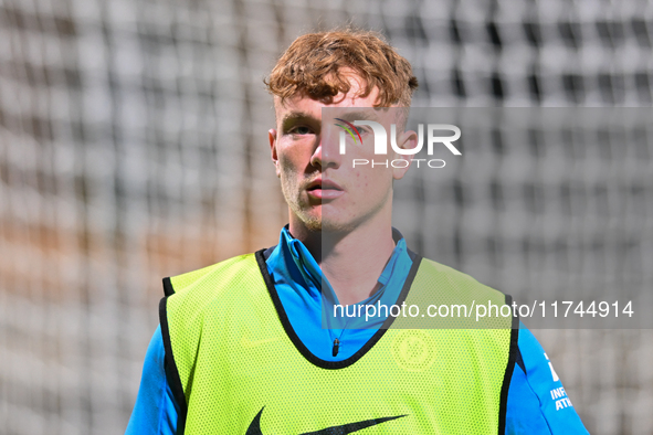 Brodie Hughes (44 Chelsea) warms up during the EFL Trophy match between Cambridge United and Chelsea Under 21s at the Cledara Abbey Stadium...