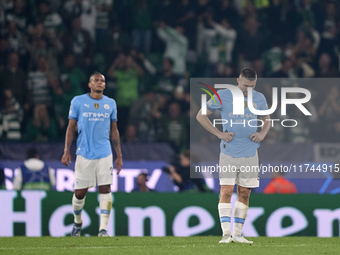 Mateo Kovacic (right) and Manuel Akanji (left) of Manchester City react after Viktor Gyokeres of Sporting CP scores his team's fourth goal d...