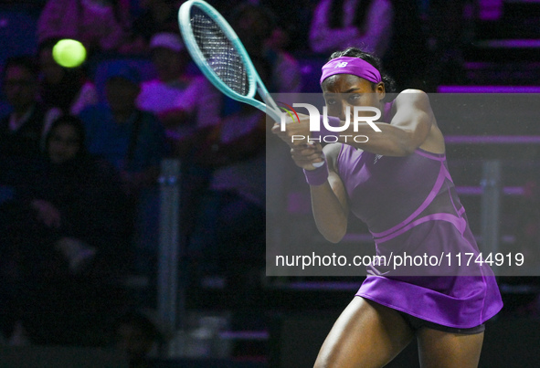 RIYADH, SAUDI ARABIA - NOVEMBER 05: Coco Gauff of USA during her match against Iga Swiatek of Poland, on day 4 of the 2024 WTA Finals, part...