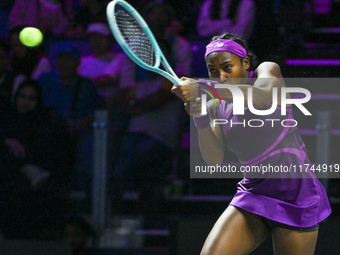 RIYADH, SAUDI ARABIA - NOVEMBER 05: Coco Gauff of USA during her match against Iga Swiatek of Poland, on day 4 of the 2024 WTA Finals, part...